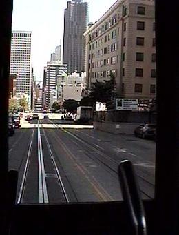 Looking out the rear of cable car.
